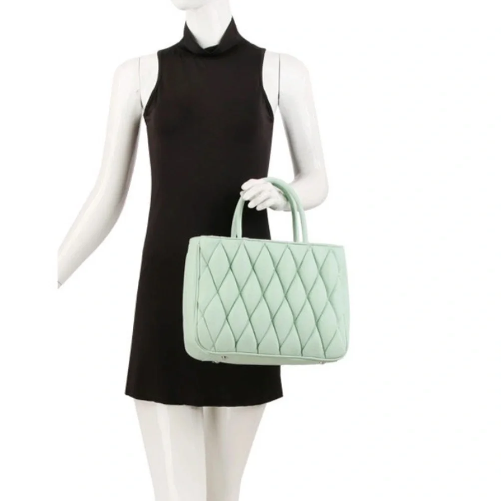 Ecostitch vegan leather Mint Grn puffy woven Tote top handles cross body strap